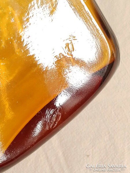 Régi borostyán sárga színes szögletes öntött üveg füles dekor korsó palack kiöntő váza 20,5 cm