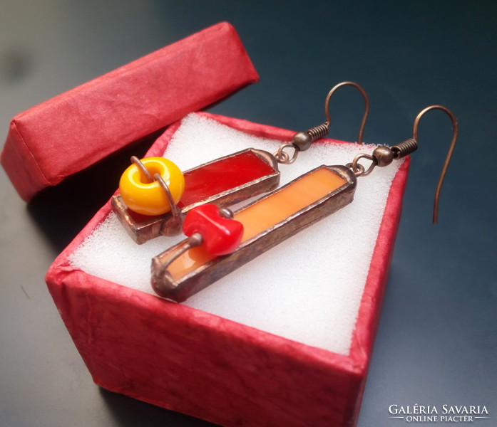 Special, clownish, very unique glass earrings made of red and tangerine glass and glass beads