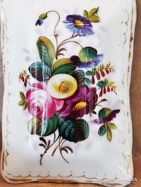 Gyönyörű 19. sz-i antik kézzel festett virágmintás porcelán fedeles gyufatartó gyufagyújtó