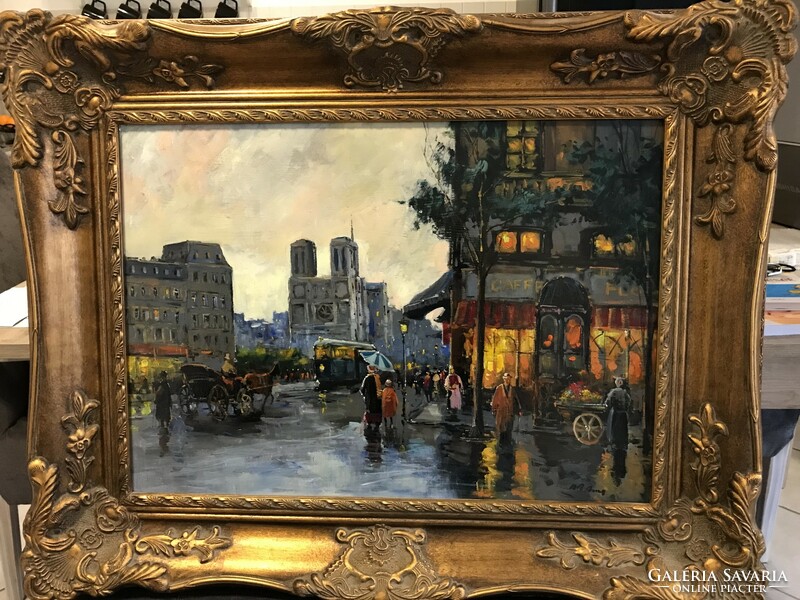 Frstmène/Paris cityscape with Notre-Dame, made with oil technique, in a gilded frame.