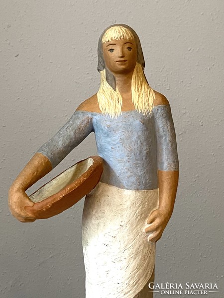 Majorossy cornered girl with bowl large painted retro ceramic statue 46 cm