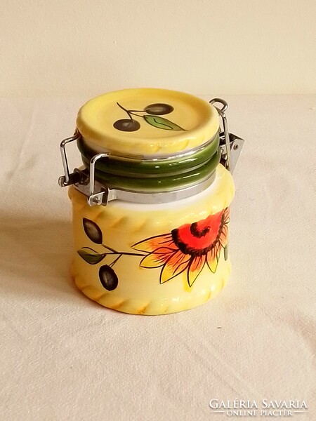 Lovely little sunflower and olive berry pattern glazed ceramic storage container with buckle 8.5 cm