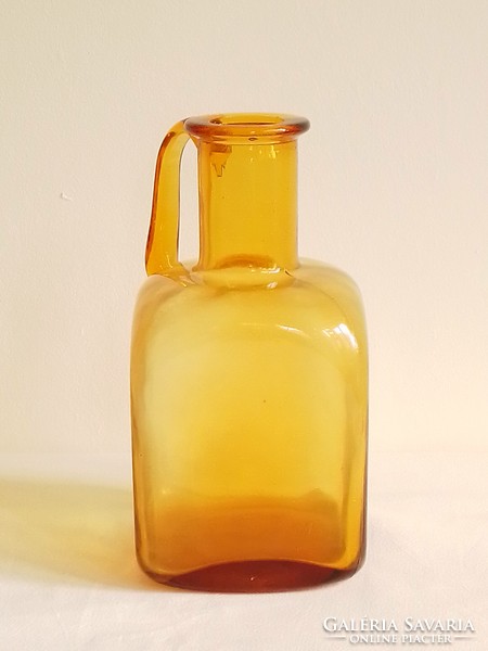 Old Amber Yellow Colored Square Molded Glass With Handle Decor Pitcher Bottle Pouring Vase 20.5cm