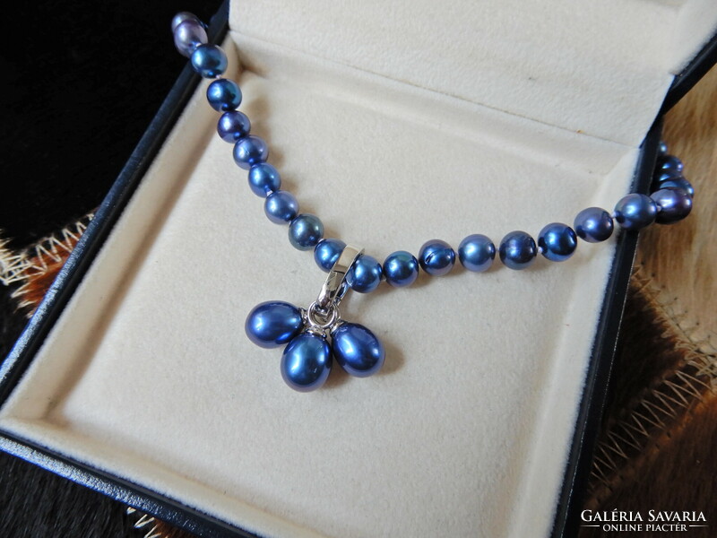 Man sang brand blue cultured pearl string with silver pendant