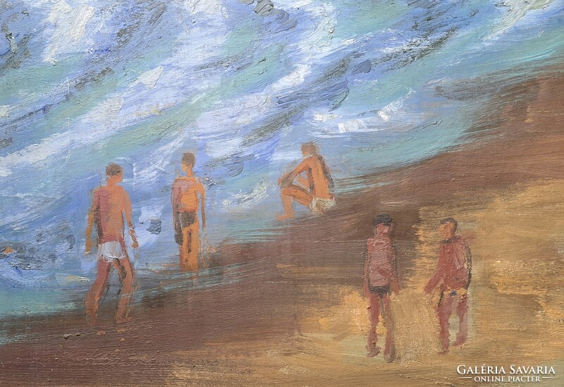 Makra János: Hullámzó víz (Képcsarnokos festmény) Strandolók, 1980-as évek