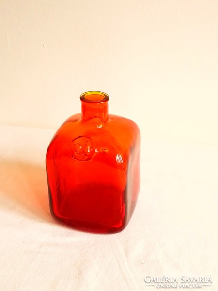Old orange red colored square molded glass drink bottle Italian ditta fratelli toro liqueur 15 cm