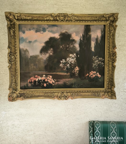 Antique huge Torday painting by Mihály Székely, castle park, good quality painting 100 x 76 cm.