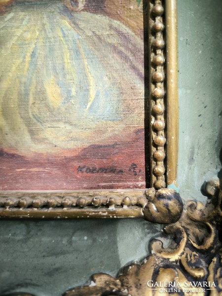 Antik enteriőr festmény hölggyel blondel keretben