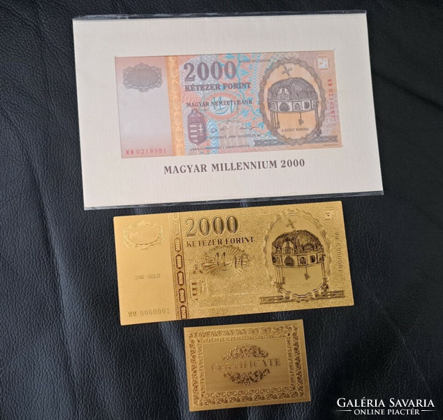 With certification, gold-plated Millennium HUF 2000 banknote, replica and its models, 2 pieces each