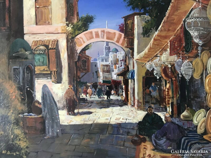 Oil painting/oriental market scene, in a gilded frame.