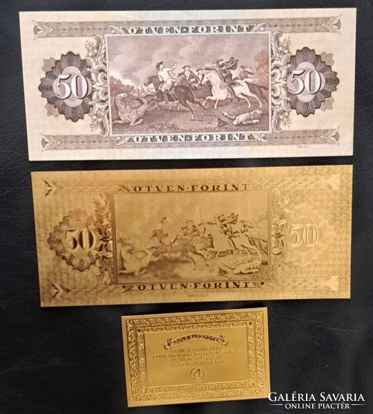 Certifikációval, aranyozott 50 forint bankjegy, replika, és a modellje