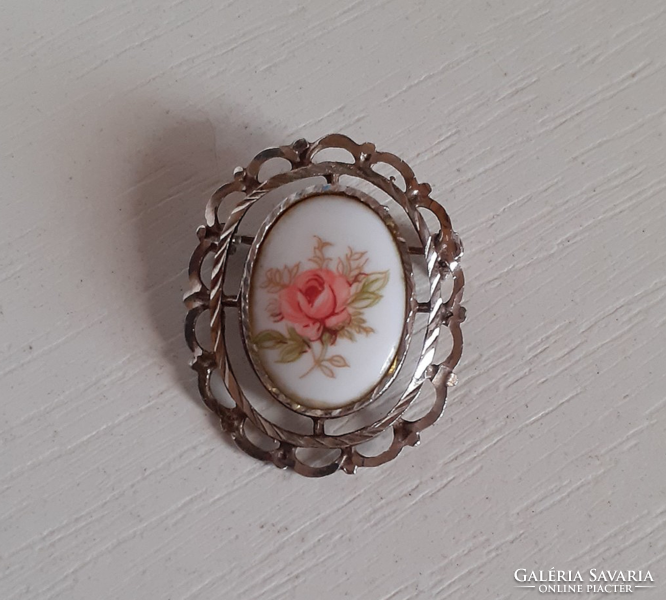 Old openwork pattern framed silver brooch badge included rose patterned porcelain porcelain