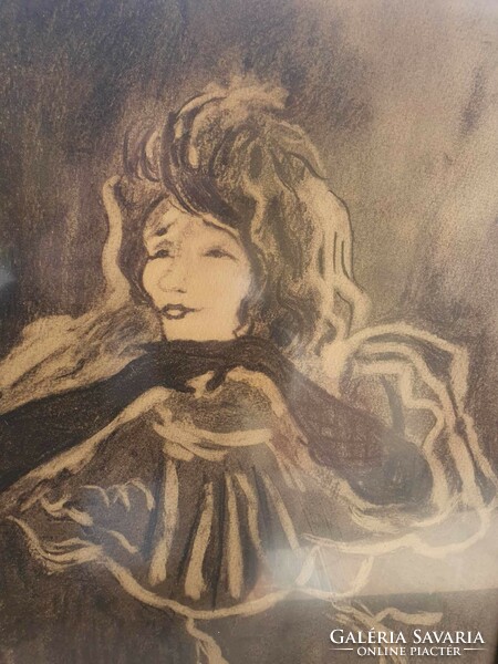 Olvashatatlan szignóval ellátott papír grafit vagy szénrajz ?nőt ábrázoló rajz. 40x60cm keret nélkül