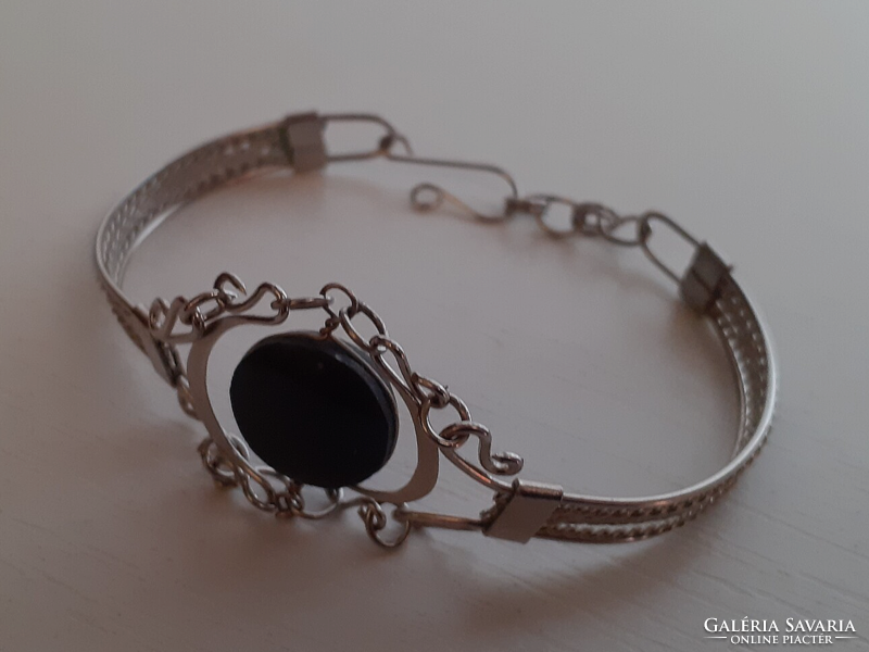 Retro silver-plated hand-made bracelet bangle studded with a black set porcelain stone