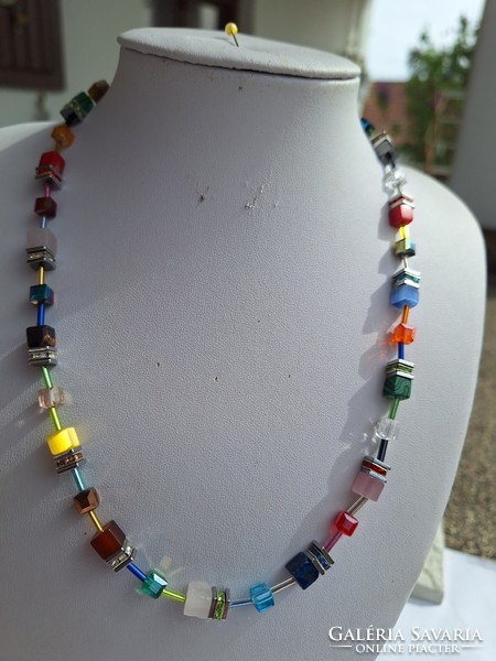 Colorful mineral and crystal necklace.
