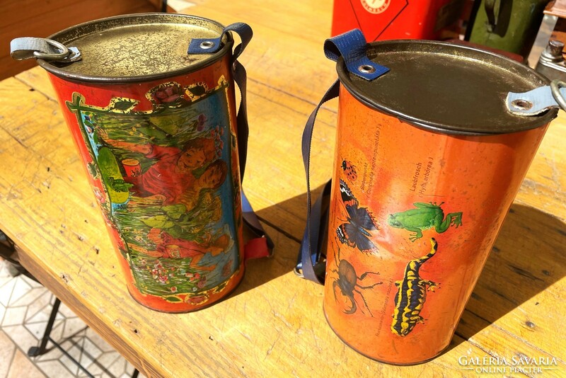 Old insect and herb collector metal cylinder, tin box, antique vintage pair!