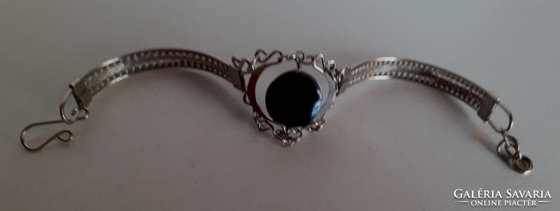 Retro silver-plated hand-made bracelet bangle studded with a black set porcelain stone
