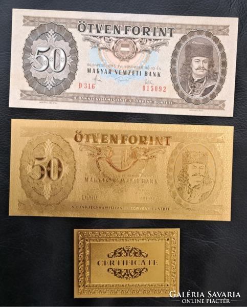 With certification, gold-plated HUF 50 banknote, replica and model