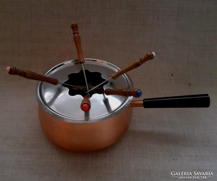 Nice new condition red copper marked fondue pot set