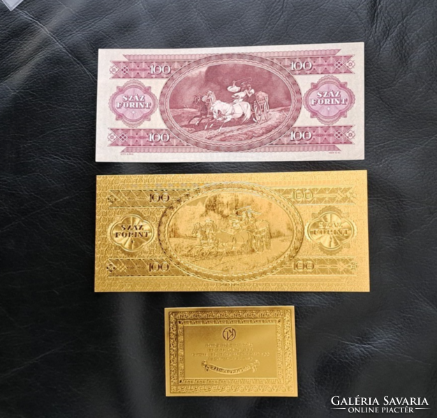 Certifikációval, aranyozott 100 forint bankjegy, replika, és a modellje