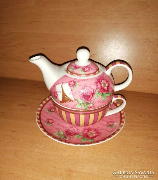 Pink German porcelain breakfast set - pourer, cup, small plate (b)