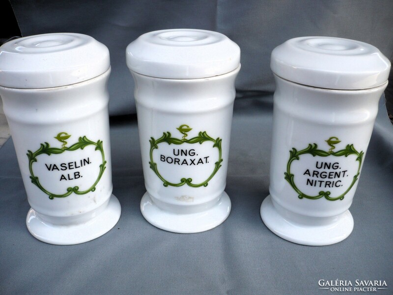 3 drasche porcelain pharmacy jar containers with old painted labels