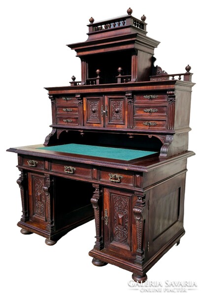 A802 antique, newly renovated, richly carved pewter style desk with superstructure