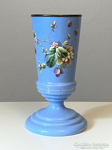 Antique blue footed Biedermeier glass vase with flower painting 32.5 Cm