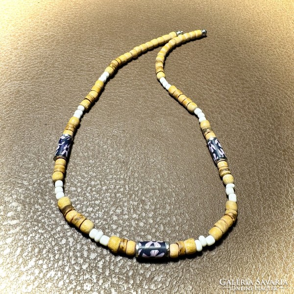 Men's or unisex necklace made of wood and patterned beads, men's jewelry, masculine chain, vintage jewelry