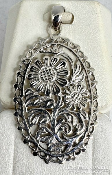 Silver flower pendant, sunflower pattern, folk style 925 silver jewelry