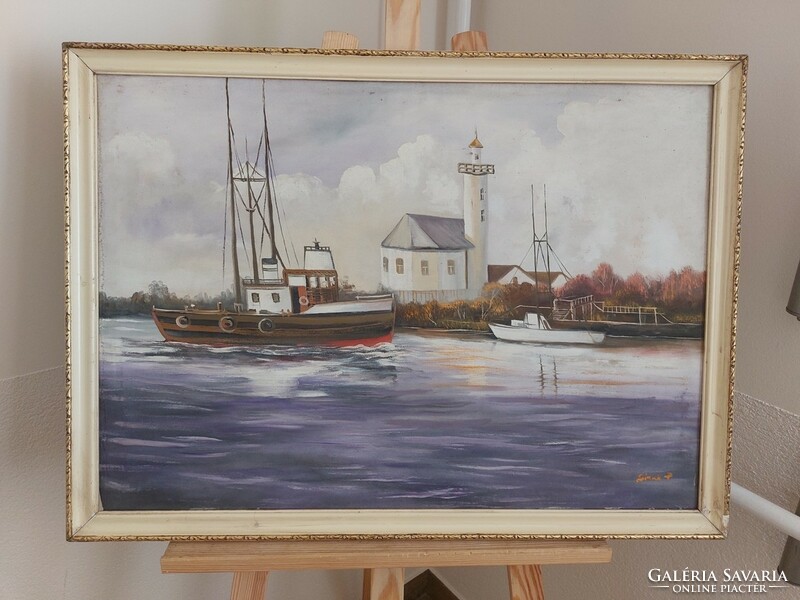 Ship painting, signed 75x55 cm frame, may require cleaning.