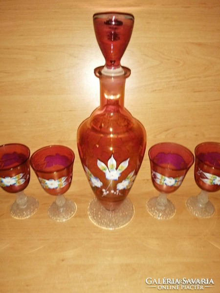 Old glass drink holder with plastic flower decoration, spout, stemmed glass set (ap-1)