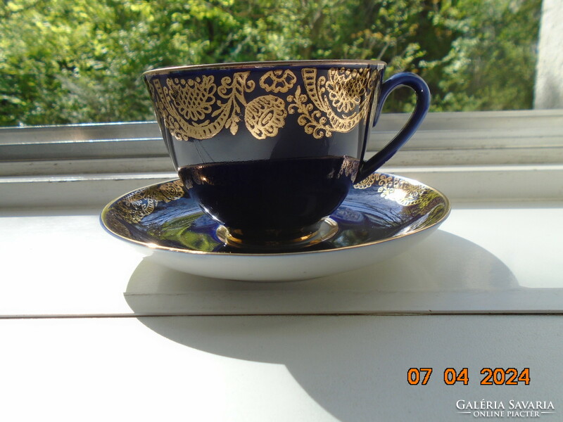 Brand new cobalt gold Soviet-Russian Lomonosov, former tsarist manufactory, tea cup with coaster