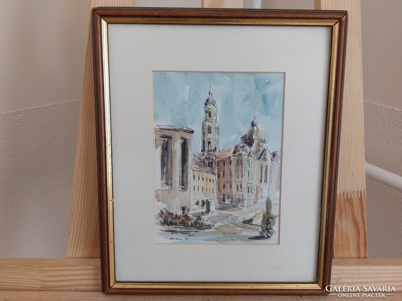 Beautiful watercolor painting of Széchenyi Square by András Szabó with a 25x30 cm frame