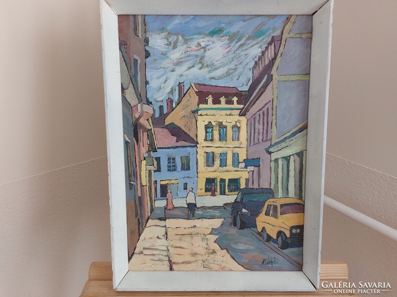Szignózott utcakép festmény Belváros (Debrecen?) 38x51 cm kerettel