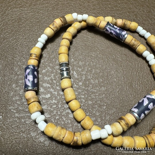 Men's or unisex necklace made of wood and patterned beads, men's jewelry, masculine chain, vintage jewelry