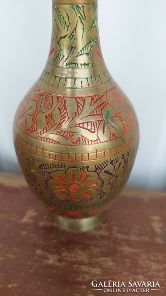Engraved, painted, Indian copper vase