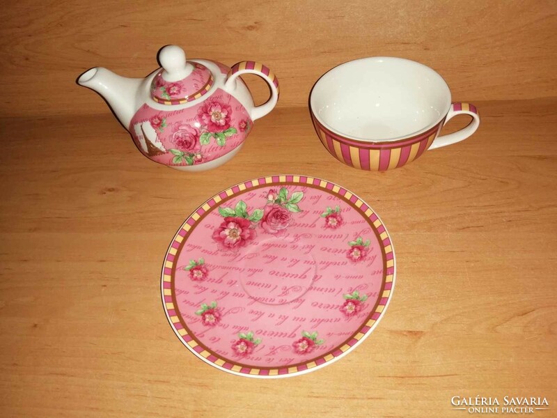 Rózsás német porcelán reggeliző készlet - kiöntő, csésze, kistányér (b)
