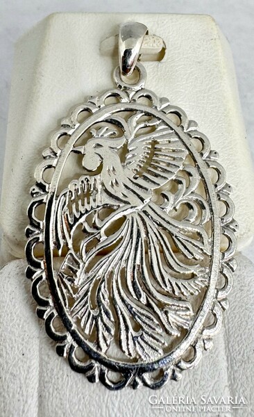 Ezüst kakasos medál, madár mintával, népi stílusú 925 ezüst ékszer