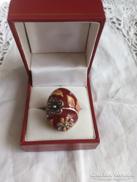 Old handmade silver ring with fire enamel and marcasite for sale!