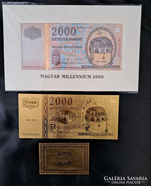 With certification, gold-plated Millennium HUF 2000 banknote, replica and its models, 2 pieces each