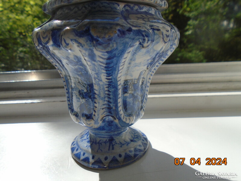 18th Sz Chineseizing baroque blue-white Delft step-covered earthenware with 4+4 landscapes and rich relief patterns