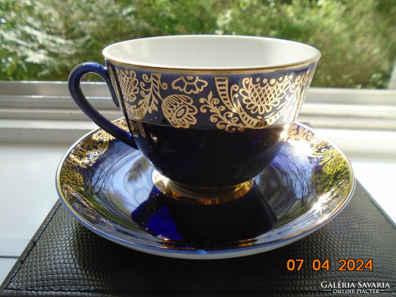 Brand new cobalt gold Soviet-Russian Lomonosov, former tsarist manufactory, tea cup with coaster