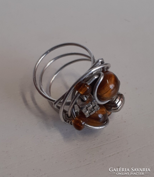 Handcrafted sterling silver thread studded ring with tiger's eye stone in beautiful condition