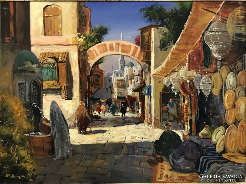 Oil painting/oriental market scene, in a gilded frame.