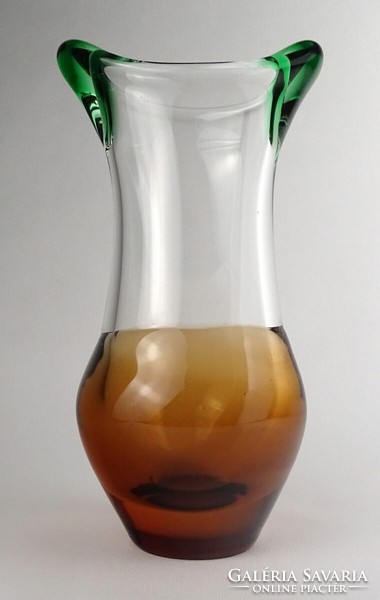 1Q924 Jan Beranek borostyánsárga zöld fújt művészi üveg váza 27 cm