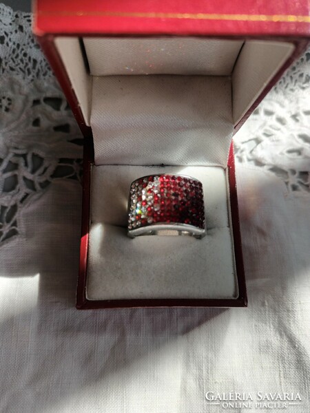 Old handmade silver ring with red and white Swarovski stones for sale!
