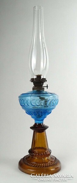 1L829 antique colored glass blue amber kerosene lamp with cylinder 48.5 Cm