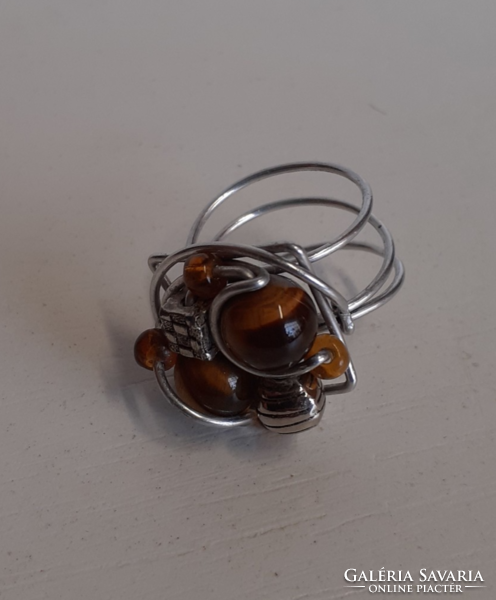 Handcrafted sterling silver thread studded ring with tiger's eye stone in beautiful condition