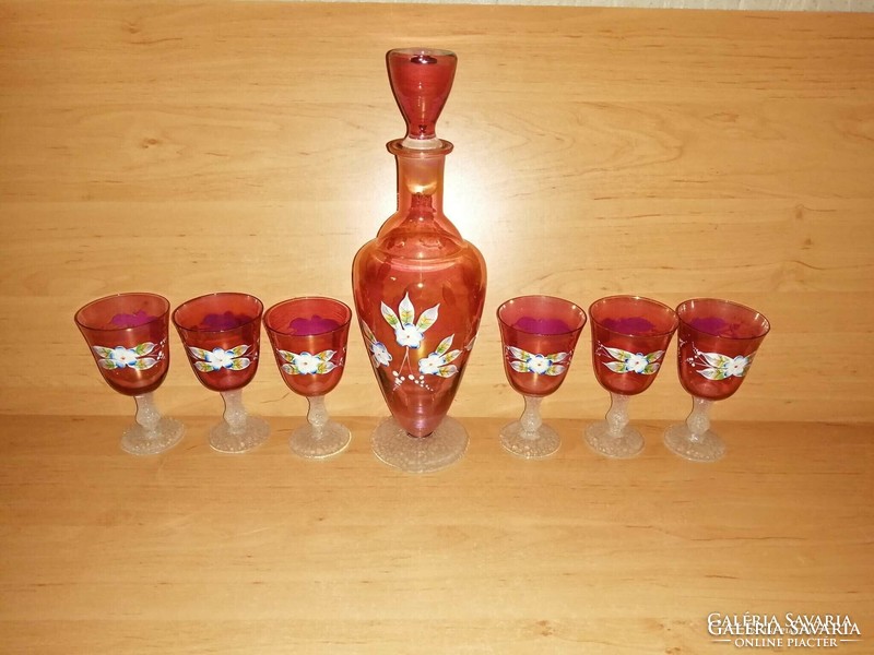 Old glass drink holder with plastic flower decoration, spout, stemmed glass set (ap-1)